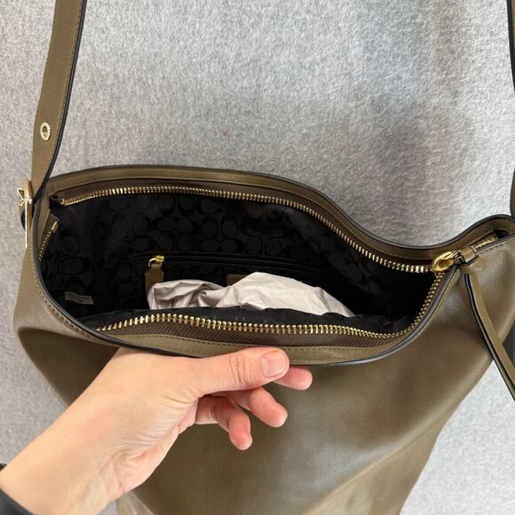 Coach Olive Green Leather Bleecker Bucket Bag Shoulder Zip‎ Close Purse Boho - Picture 9 of 16